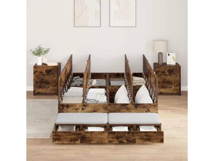 YUTAASU Aufbewahrungsbettgestell Räuchereiche 120 cm Holzwerkstoff Mit Türen und Schubladen, Kiefernholz, ohne Boxspring nötig, pflegeleicht