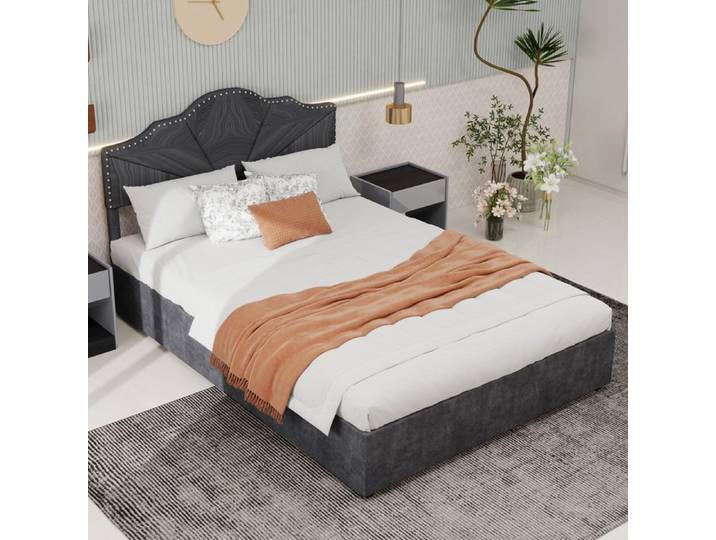 Lit coffre rembourré moderne à lattes avec vérins pneumatiques - ELVMI - gris 160x200 cm sans matelas
