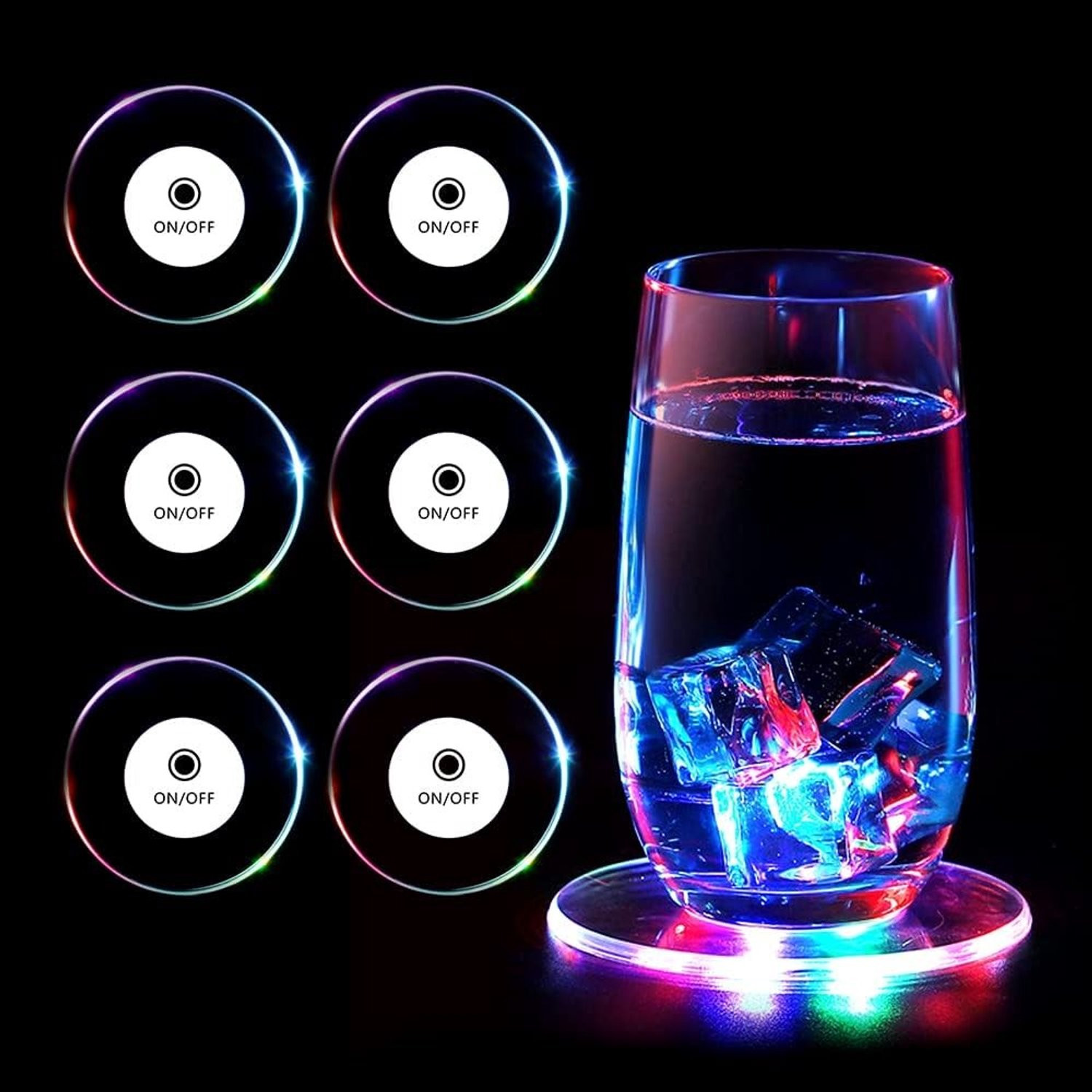 Set van 6 verlichte coasters met kleurrijke LED-verlichting en 3 verlichtingsmodi