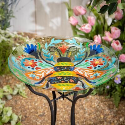 Evergreen "18""Glass Folk Art Bird Bath, Bumblebee"