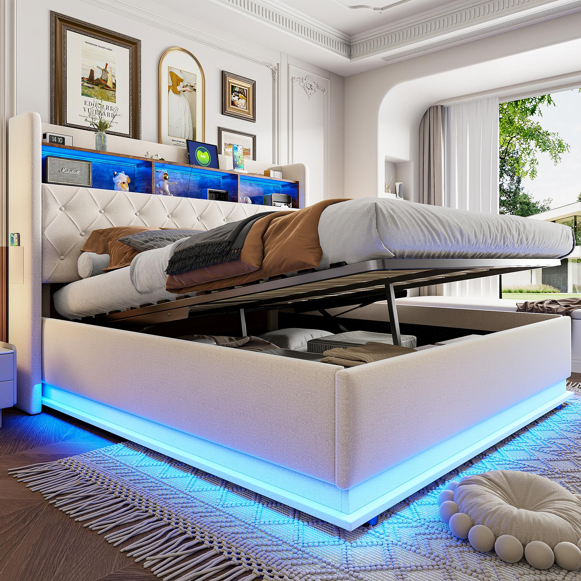 Gepolstertes Bett mit LED-Beleuchtung 180×200cm (beige, weiches Leinen): Stauraum, USB, hydraulischer Stauraum.