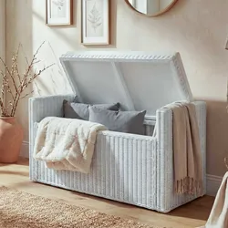 Aufbewahrungstruhe Genua, Truhe Sitzbank Garderobenbank, Kissen Kubu Rattan 88cm ~ weiß