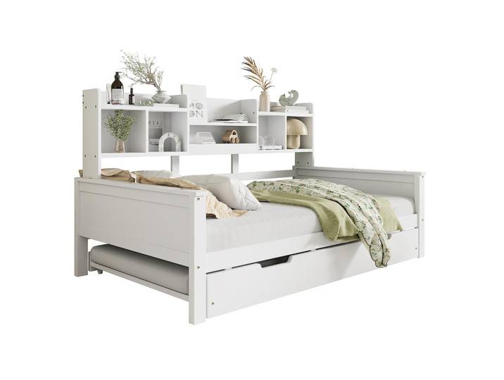 Modfu Multifunktionsbett aus Kiefernholz 90x200 cm Weiß mit Ausziehbett, Stauraum und Lattenrost, Holz, 90x200 cm, Schlafzimmer, Betten
