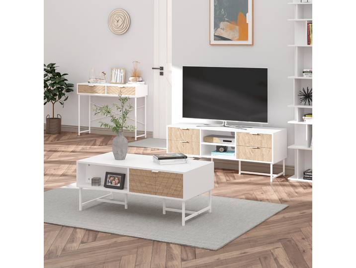 Console Industrielle 2 Tiroirs Chêne Clair Métal Blanc