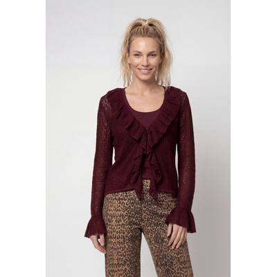 Cardigan MONARI "Jacke Volants", Damen, Gr. 36, rot (dkbordeaux), Web, Obermaterial: 75% Polyacryl, 25% Polyamid, unifarben, regular fit taillenbedeckt, V-Ausschnitt, Trompetenärmel gerader Abschluss, Strickjacken, Regular fit mit Volants