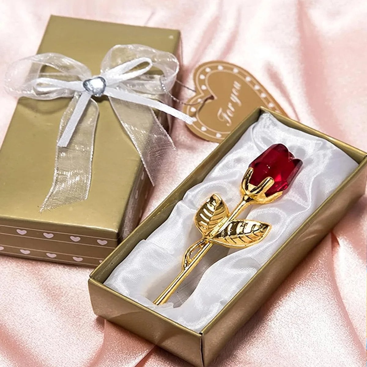 Glazen Mini Kristallen Roos Decoratie - Rood met Goud - Luxe Bloemen Ornament voor Desktop en Interieur