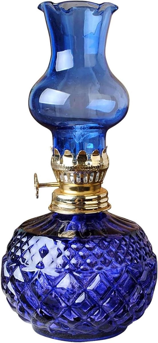 Blauwe Glazen Olielamp in Vintage Stijl - Hoogte: 18,5 cm