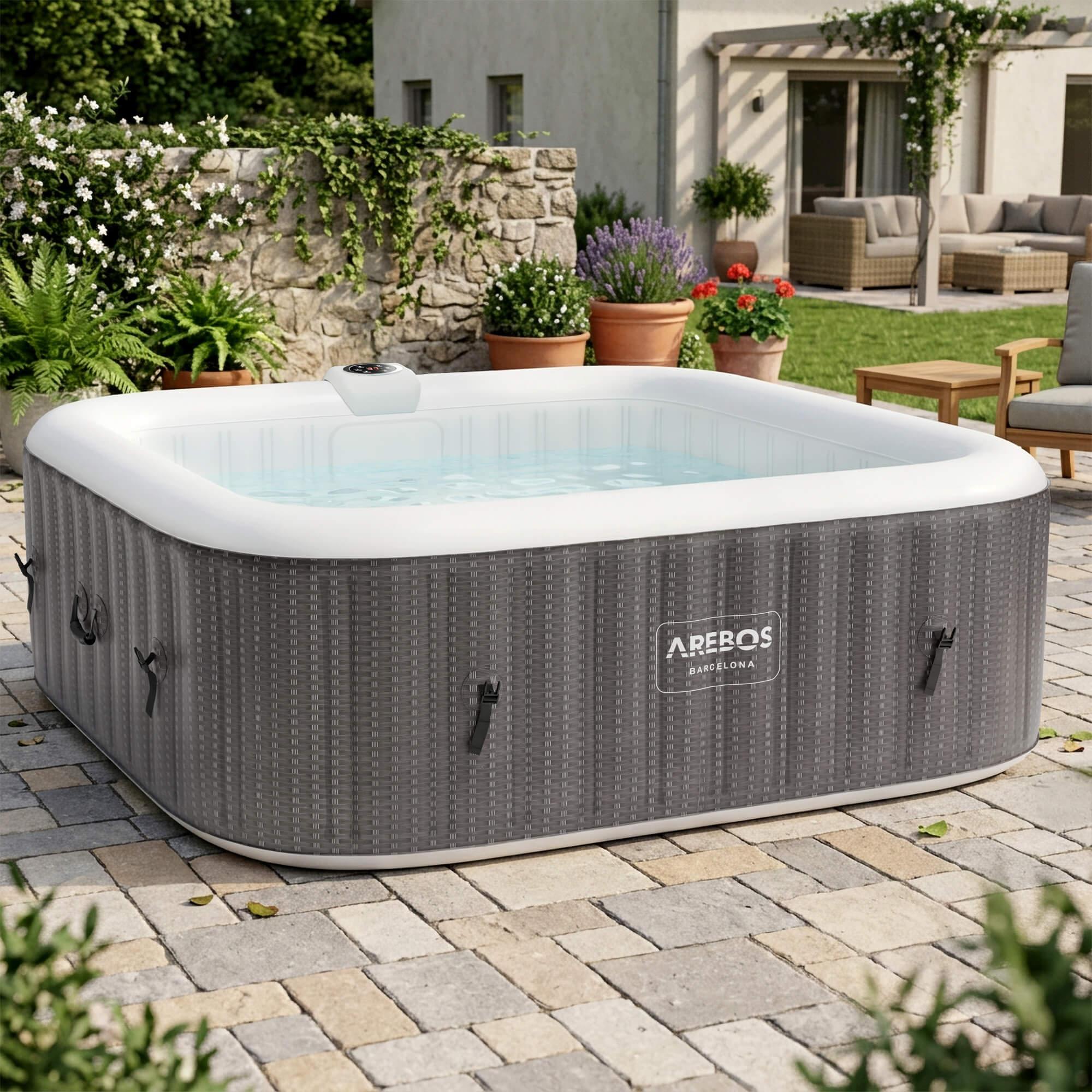 AREBOS Aufblasbarer Whirlpool "Barcelona", 185x185 cm, In- & Outdoor, mit Heizung, 910 Liter, Inkl. Abdeckung, Bubble Spa & Wellness Massage 6 Person