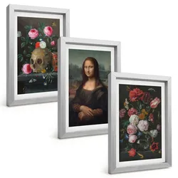 BILDER SET 3er Set - 20x30 cm Silberner Rahmen - Blumenschädel-Porträt Mona Lisa