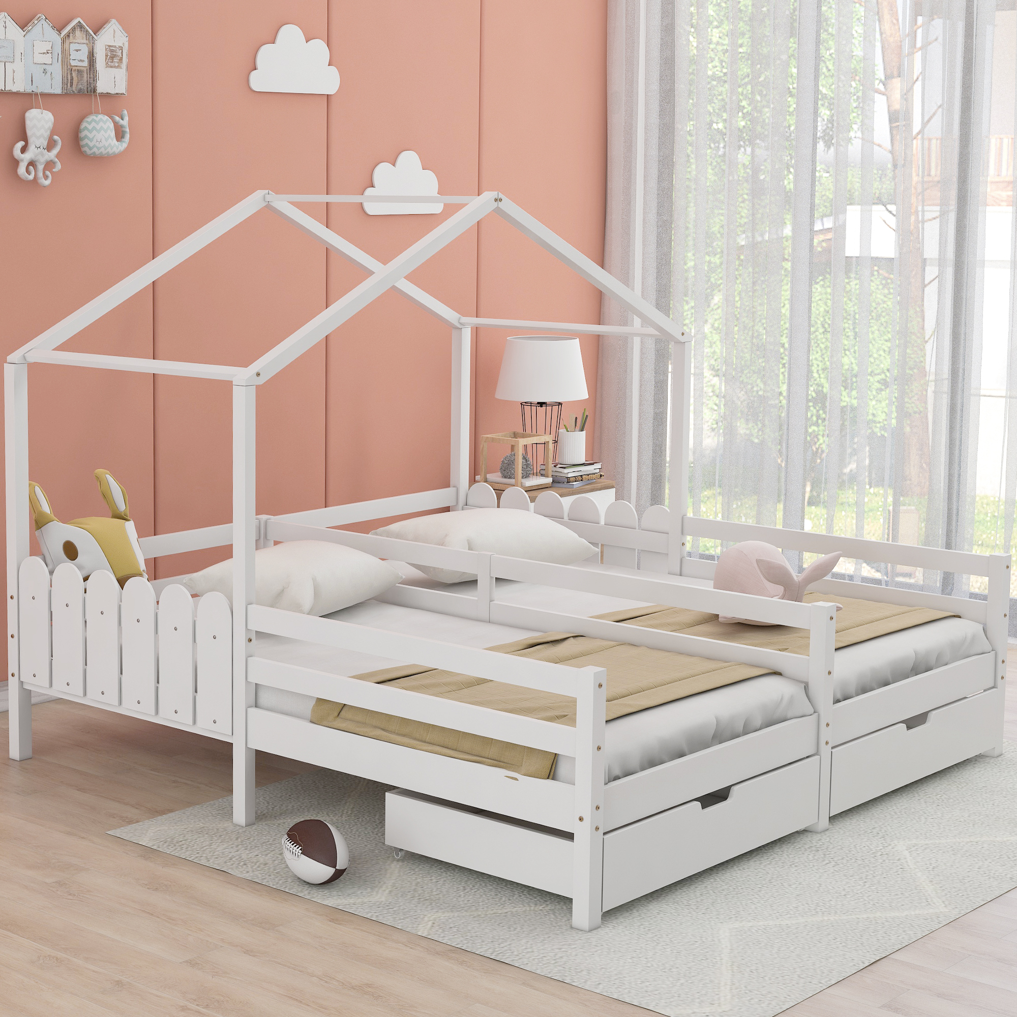 STILVORA Kinderbett 90x200 mit zwei Matratze, Hausbett mit 2 MDF-Schubladen, Schubladen auf Rollen, Einzigartiges geteiltes Doppelbett-Design, weiß