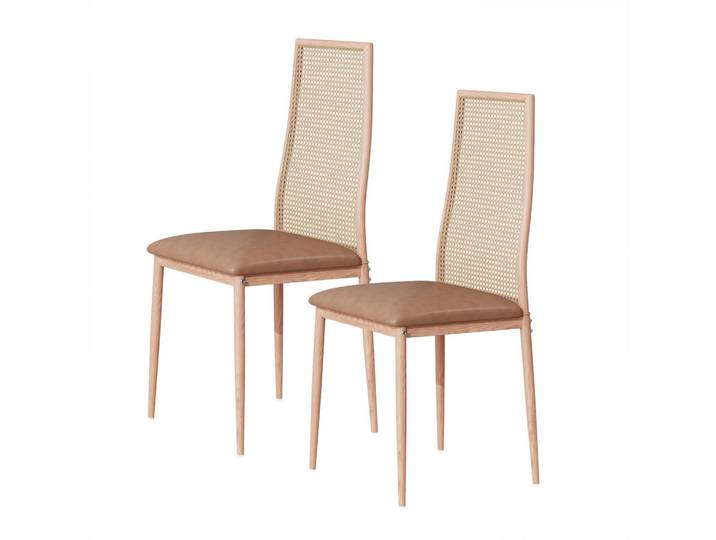 Küchenstühle 2er-Set mit Rattanlehne, Kunstleder & schwarzen Beinen, Ecru, Holz, Mode, 44x97.5x40 cm, Esszimmer, Stühle