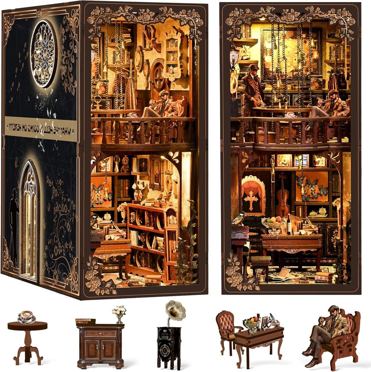 Donkere houten puzzel decoratie voor boekenplanken met LED-licht, 19.5 cm