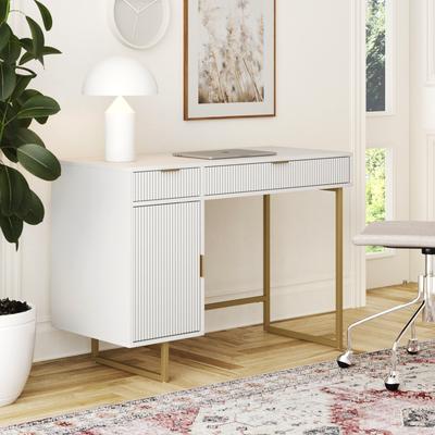 Nathan James Jacklyn White Modern Computer Desk, Workstation or Writing Desk for Small Spaces with Drawers and Cabinet Storage