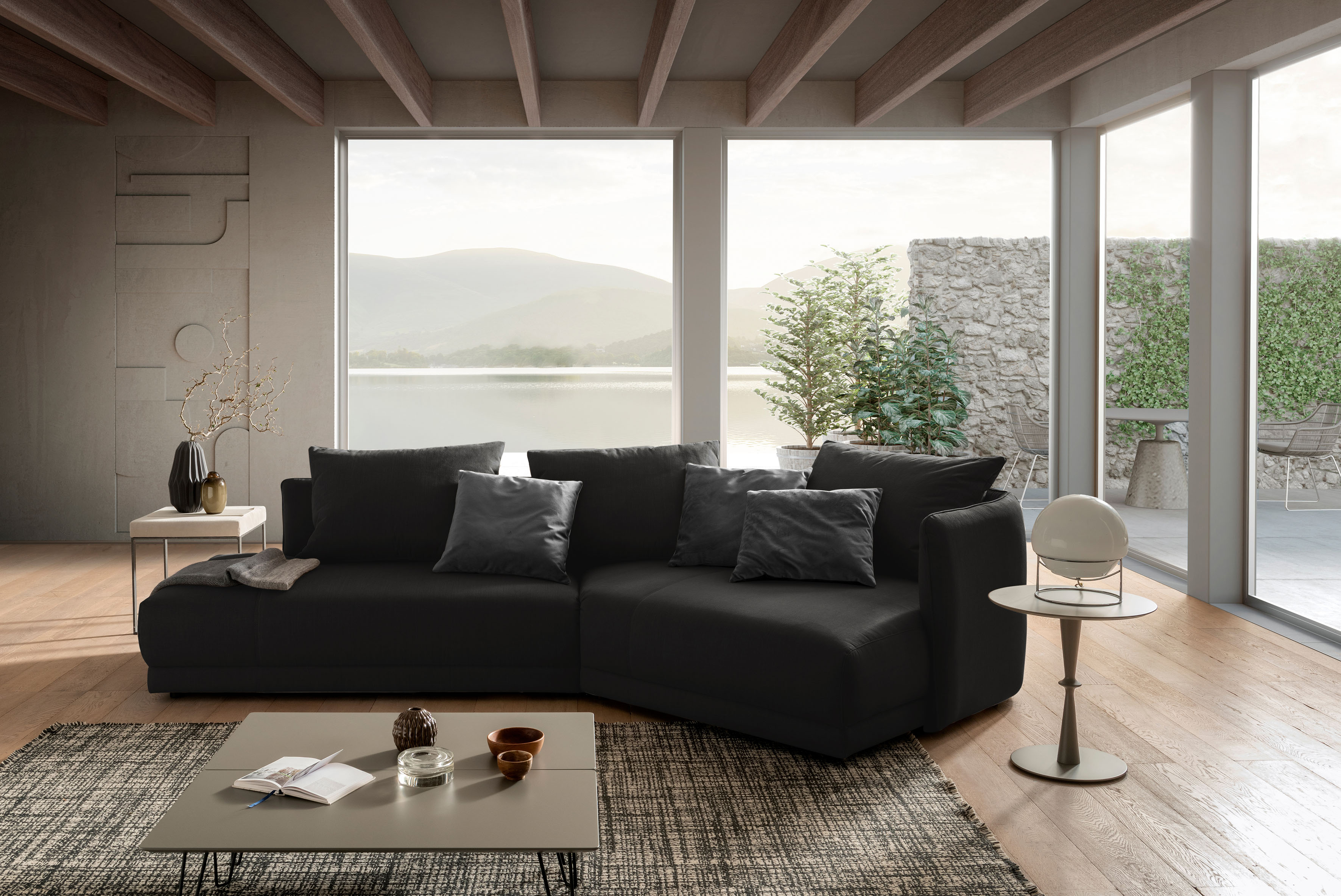 Ecksofa DESIGNWERK "New York L-Form, anmutendes Designsofa", schwarz (charcoal), B:333cm T:179cm, 100% Polyester, Sofas, Ecksofa, mit moderner R&ung im Rücken