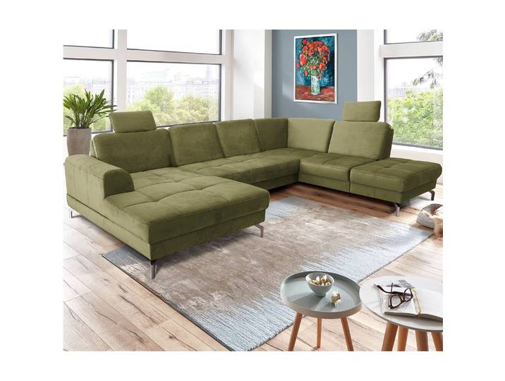 Wohnlandschaft Lascaux Grün Samt Ravi 332 x 87 x 227cm Longchair davorstehend links / Ottomane rechts Modern