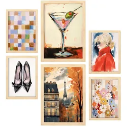 POSTER Set Mit 6 Cocktail In Paris A3 & A4 Rahmen Aus Hellem Holz
