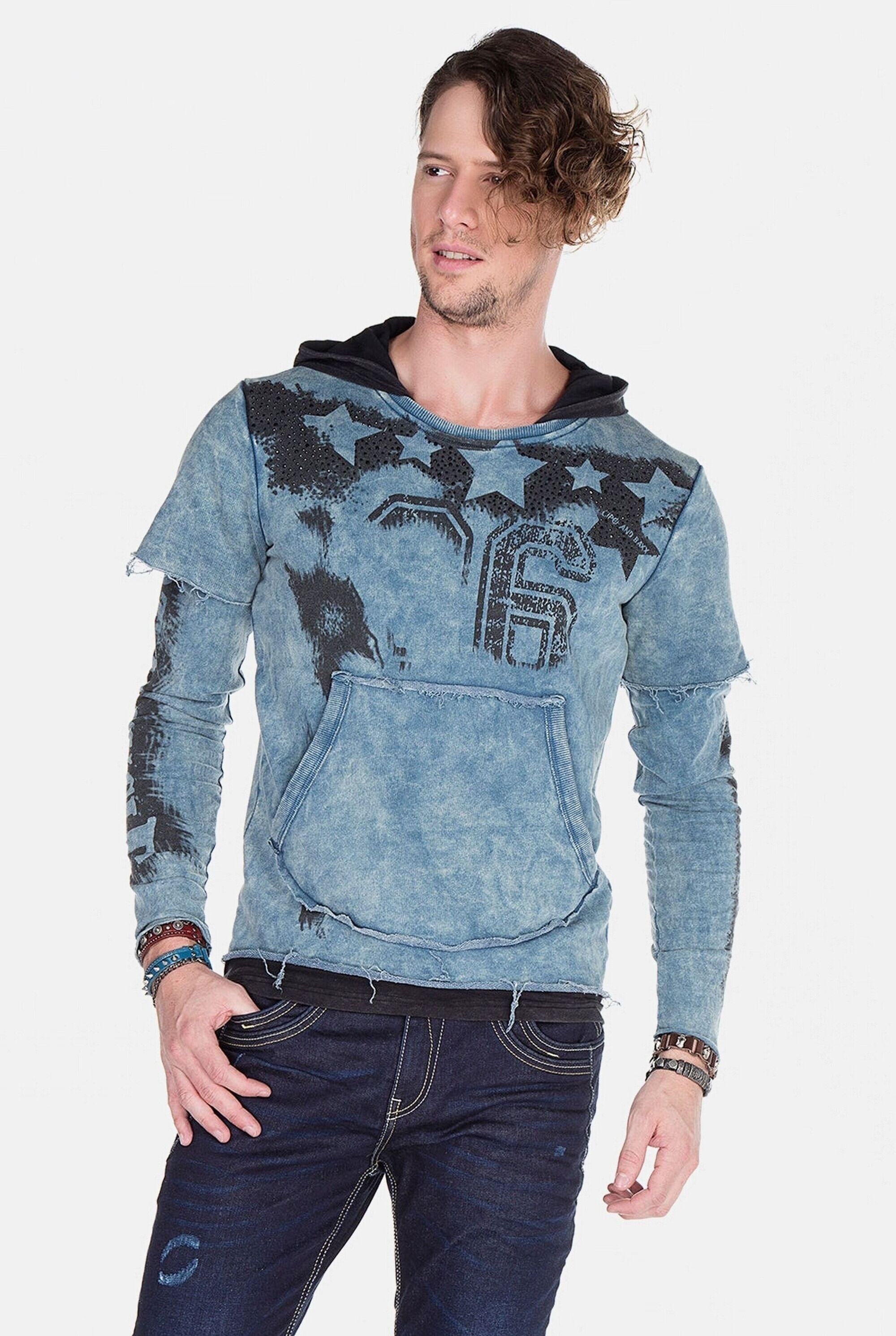 Kapuzensweatshirt CIPO & BAXX "Sweatshirts", Herren, Gr. S, blau (indigo), 100% Baumwolle, bedruckt, slim fit normal, Rundhals, leicht ausgefranste Kante, Sweatshirts, im Lagenlook, CL-279