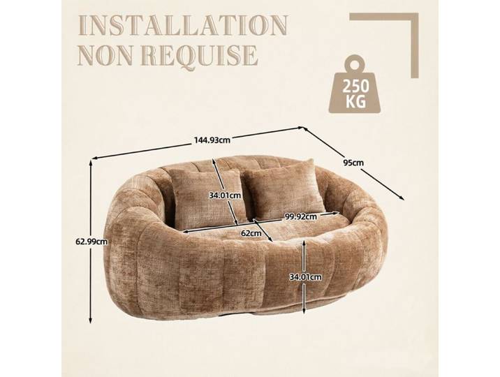 Canapé 2 places en Chenille Pouf poire 145x95x63cm pour salon et chambre avec 2 coussins Marron