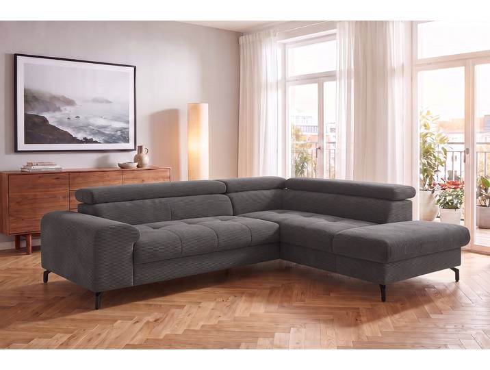 Ecksofa, 260x210 cm, Cord, Anthrazit, Bettfunktion & Bettkasten, Modern, Cotta