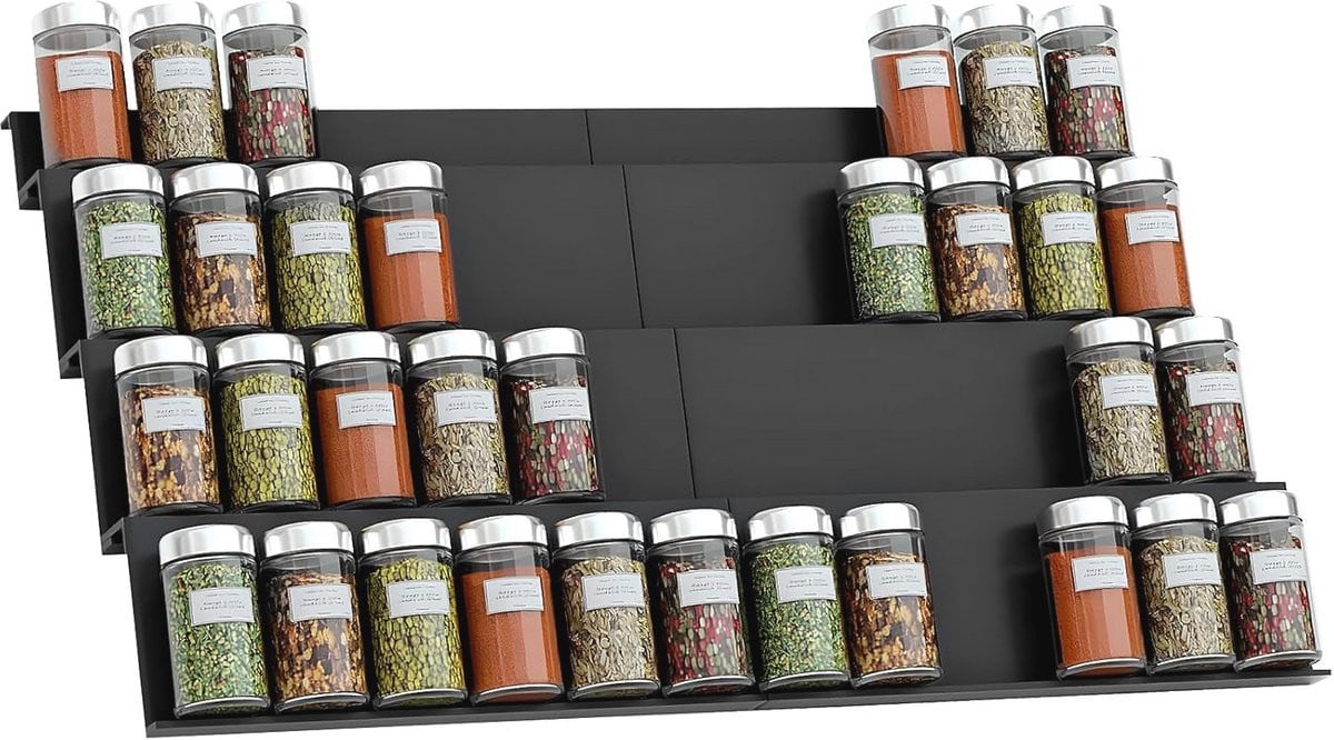 Moderne zwarte kruidenorganizer van acryl en glas