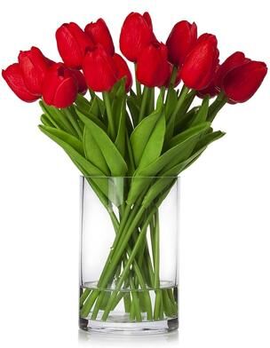 Enova Home 20 Pieces Artificial Real Touch Tulips Fake Silk Flowers Arrangement in Glass Vase with Faux Water for Home Decor