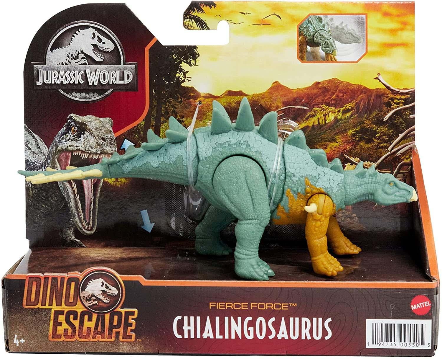Mattel Jurassic World Fierce Force Chialingosaurus speelgoed voor kinderen, bruin en groen