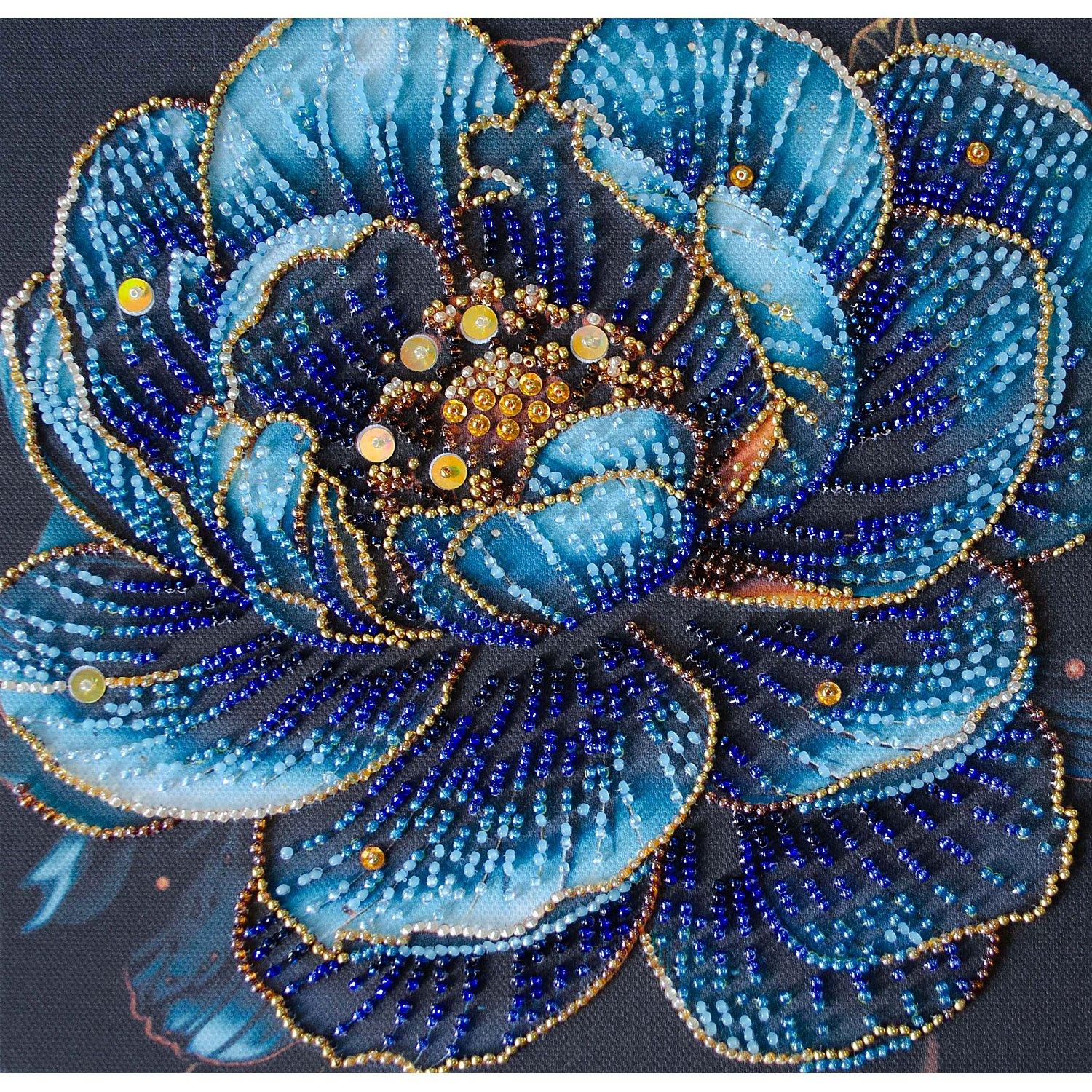 Perlen-Stickbild "Blaue Blume", 20 x 20 cm