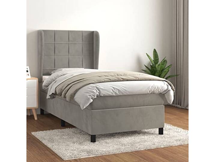 RJPLMFV Bettgestell, Velours, hellgrau, 80 x 200 cm, Taschenfederkernmatratze