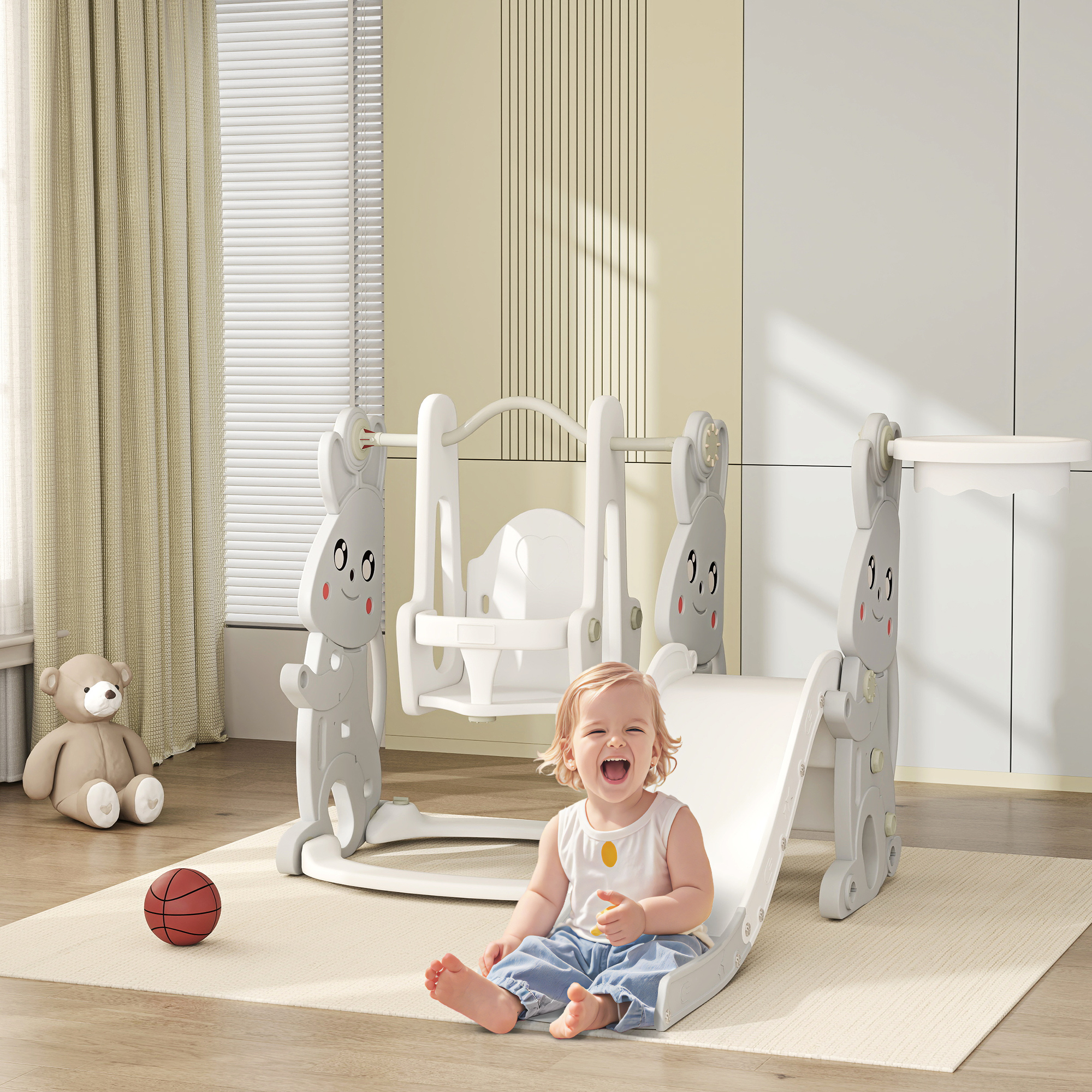 Aiyaplay 4 in 1 Altalena e Scivolo con Altalena, Parapetto e Canestro per Bambini, 147.5x160x107 cm, Grigio   Aosom Italy