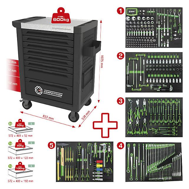 KS Tools COMPETITION Werkstattwagen mit 8 Schubladen und 341 Premium-Werkzeugen (341x) (512.5341)