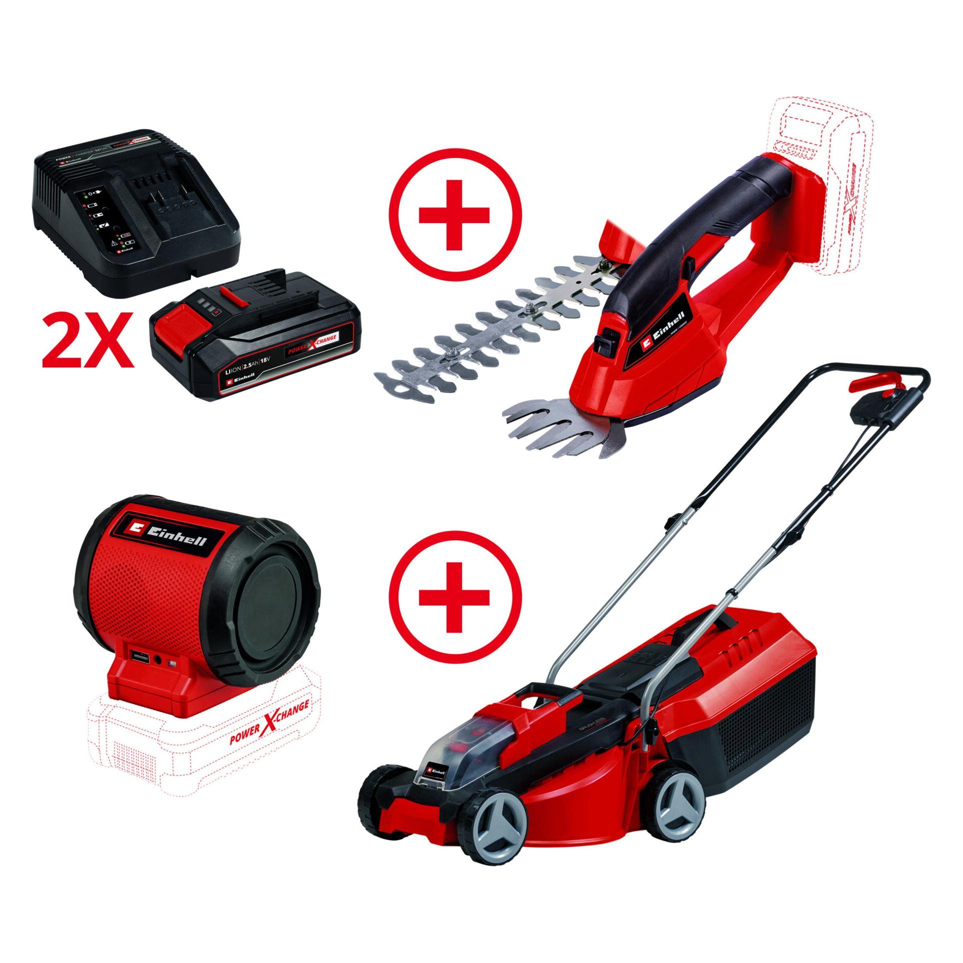Einhell Akku-Rasenmäher + Akku-Gras- und Strauchschere + 2x 2,5 Ah Starter-Kit + Akku-Lautspreche... (Akkubetrieb) (76691619)