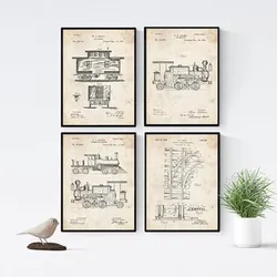 POSTER Set mit 4 Jahrgang eisenbahn patenten A4 Schwarzer Rahmen
