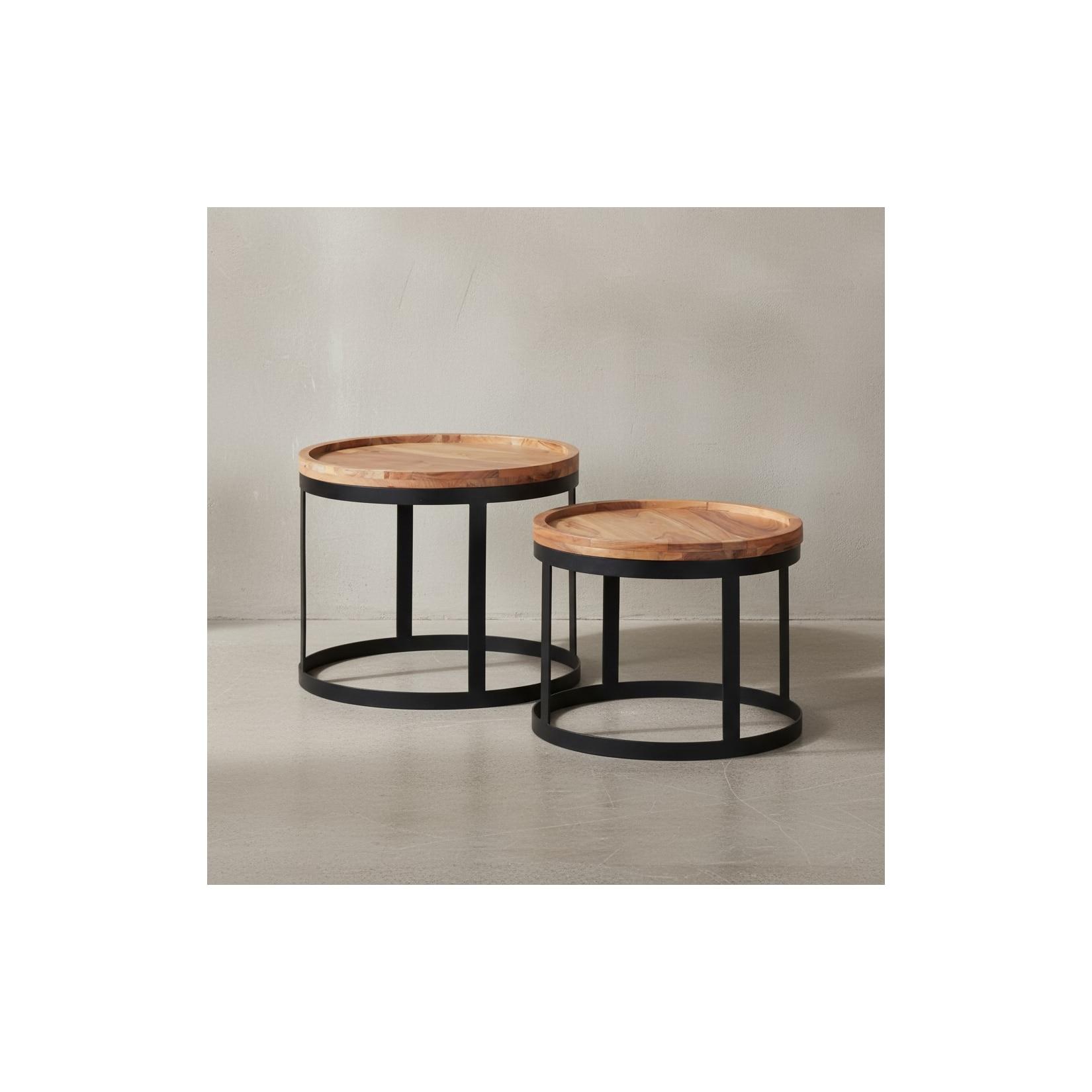 KADIMA DESIGN Beistelltisch-Set INDI: 2er Set, runde Tischplatten, Metallgestell, Massivholz, naturbelassen