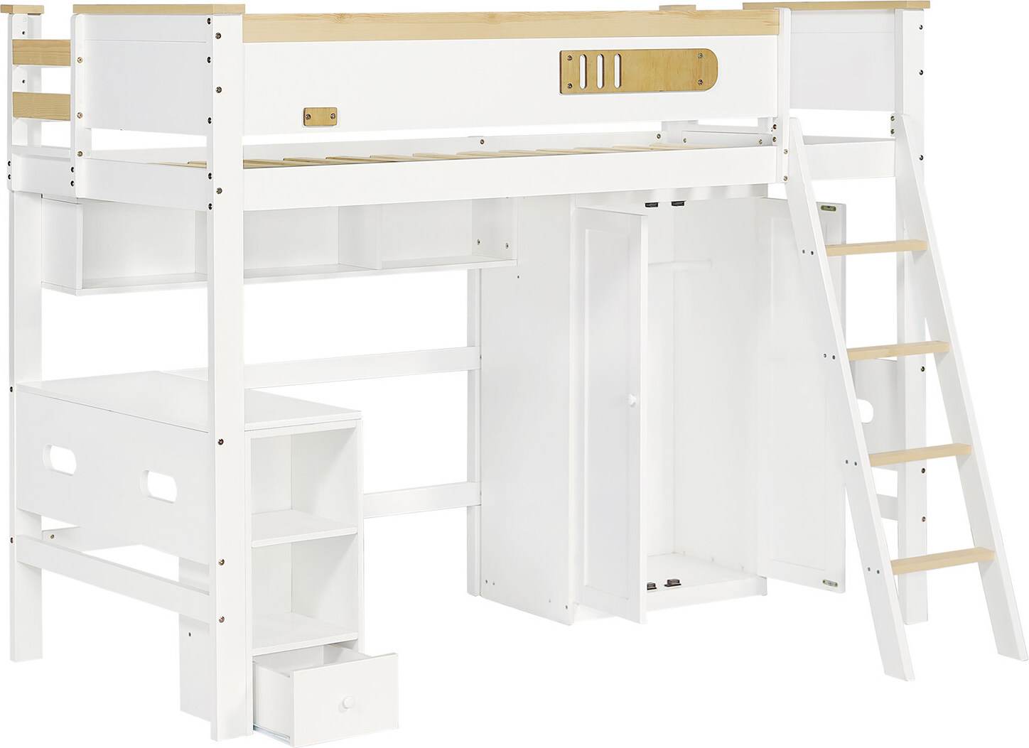 Etagenbett, Hausbett, Kinderbett, mit Fallschutzgitter, mit Tisch und Kleiderschrank,Offenes Regal,Reichlich Stauraum,Mit vierstufiger Leiter