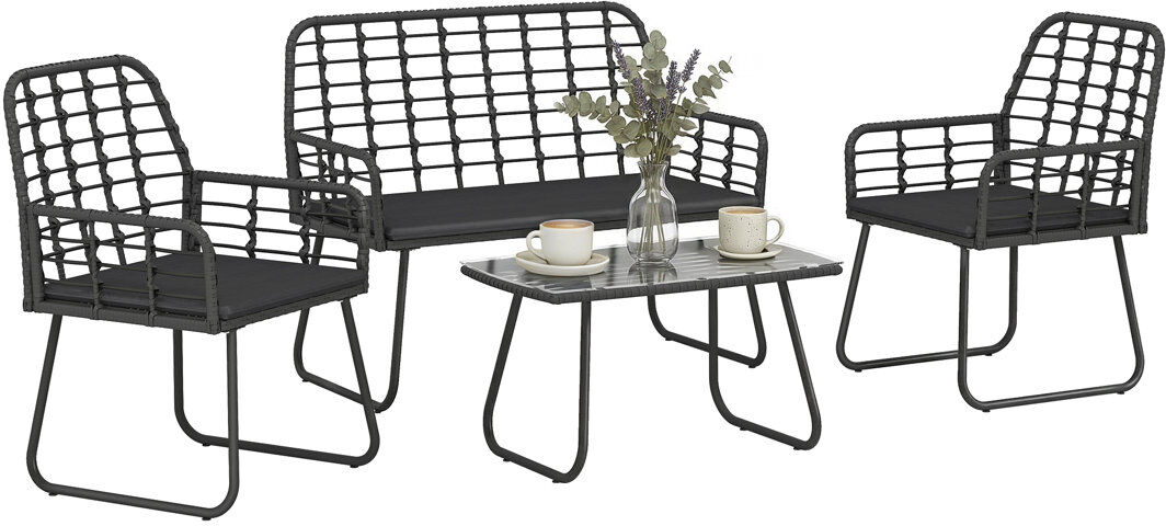 Outsunny 4 Piece Rattan Garden Furniture Set with Loveseat Grey Cushion/Black Frame 4