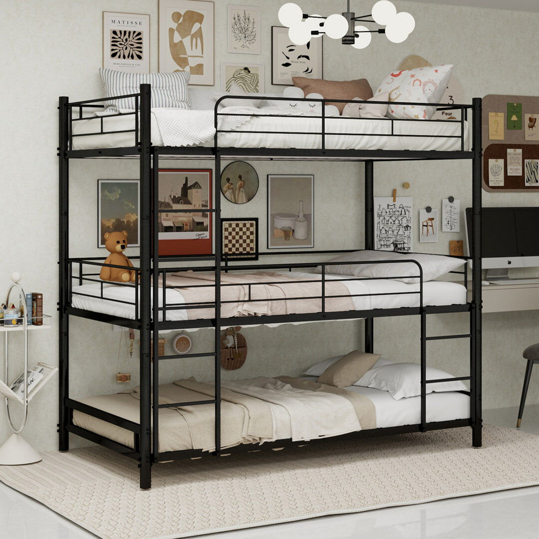 Canora Grey Triple Bunk Bed 3-tier Metal Frame For Dormitory & Shared Room, Space-saving 90x190cm Mattress, Sturdy Industrial Style Black 191cm H X 98.5cm W X 198cm L
