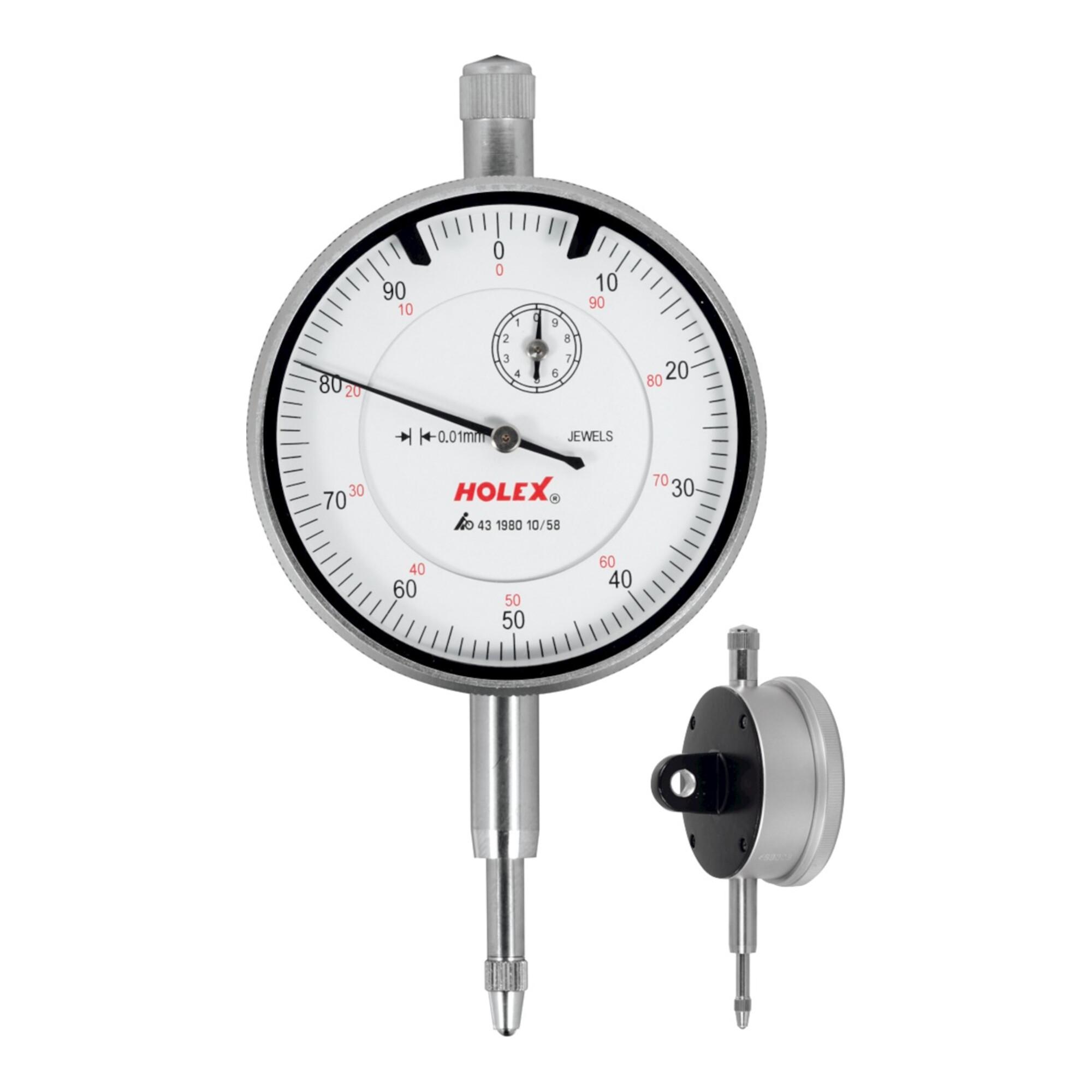 HOLEX Messuhr 10/58mm Messbereich 10mm Ablesung 0,01mm aus Metall/Kunststoff mit Zifferblatt Ø58mm und Rückwandbefestigung für Messungen, 431980 10/58B)
