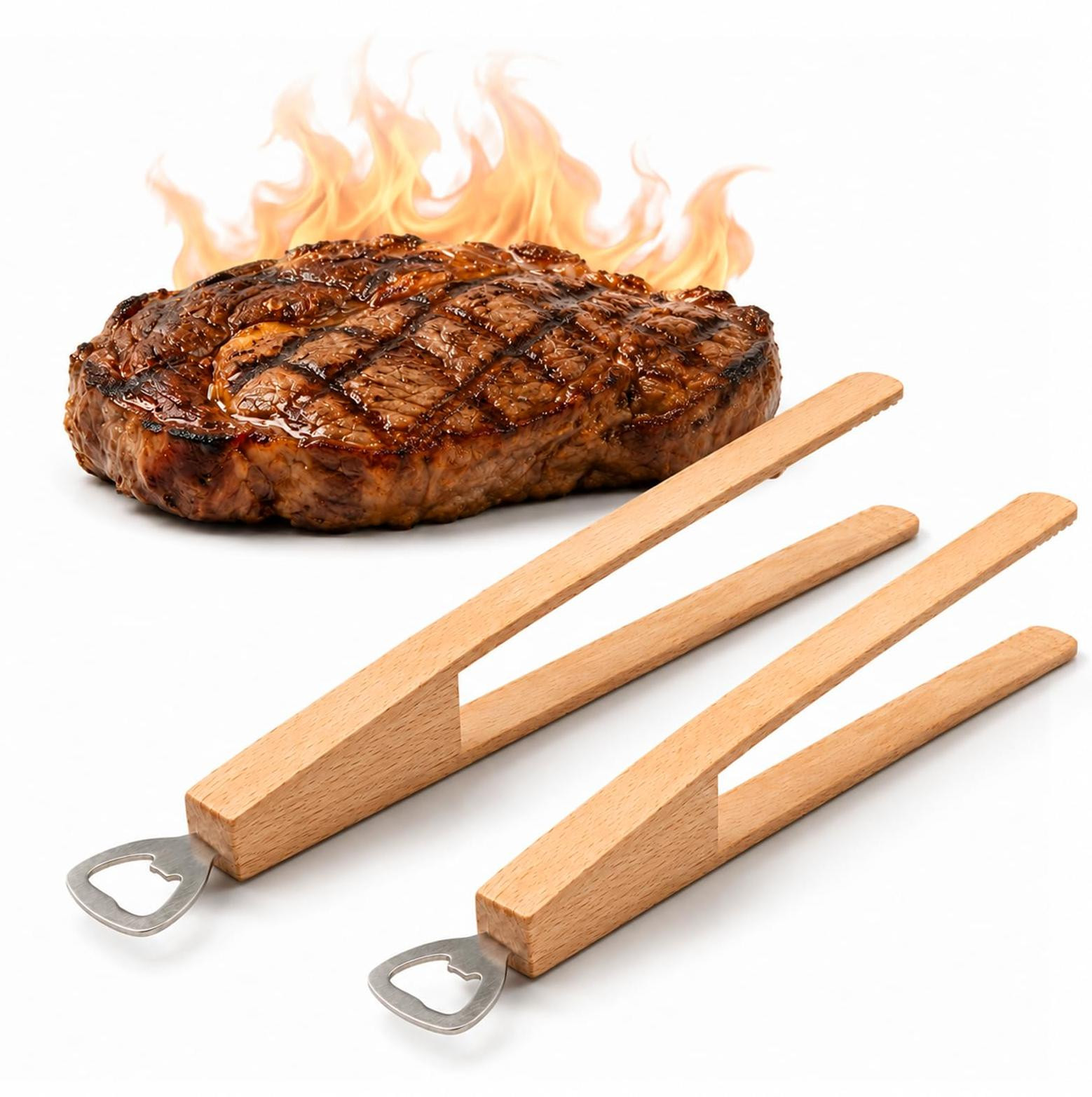 Houten barbecuetang met flessenopener, 33,8 cm