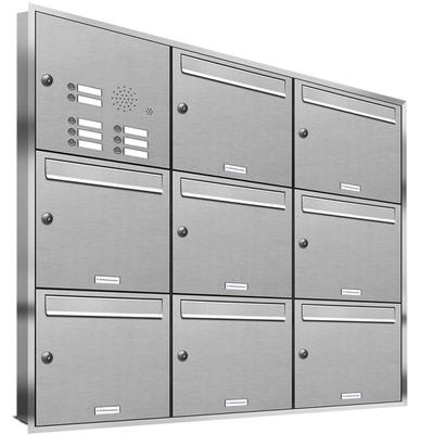 AL Briefkastensysteme 8 Fächer Premium Edelstahl Unterputz Briefkasten Anlage mit Klingeln, Post A4, robust, wetterfest, Artikelnummer: 331T8U3KS