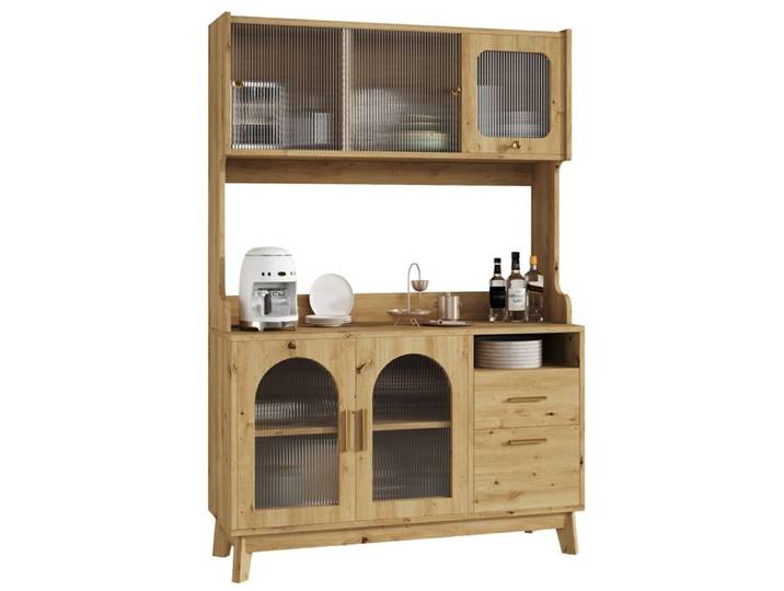 Buffet haut 120 x 40 x 178 cm en panneaux de particules prises et ports USB finition bois