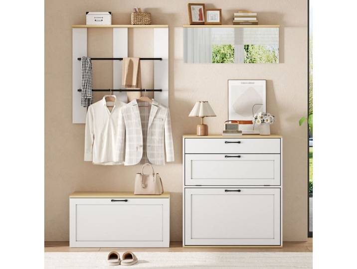 Meuble d'entrée modulaire avec miroir meuble à chaussures à abattant tiroir bois naturel blanc 156x36x176 cm Grjofek