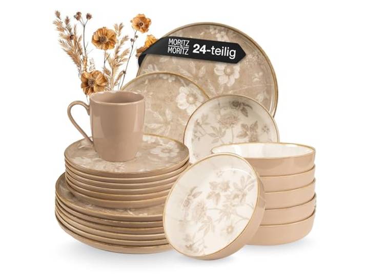 Moritz & Moritz Steingut Geschirrset 6 Personen 24-tlg. - Serie Mariella Spülmaschinengeeignetes Geschirr Set mit Tellern, Schüsseln & Tassen in Farbe Beige - geeignet als Kaffeeservice