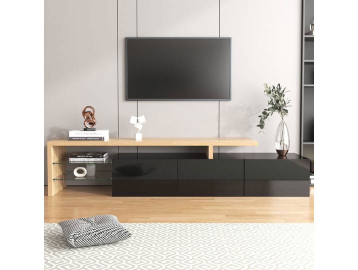 Meuble TV design moderne - SEYAKANY - avec Trois portes et 3 armoires-197.5x 39 x 42cm-élégance stylé Noir