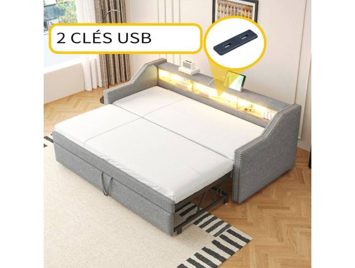 Canapé-lit gigogne - LANGTU - Combo - Rangement multifonction - LED intégrée - Port USB
