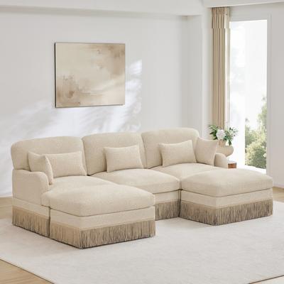 "GDFStudio - 100"" Leopard Print Chenille U-Shaped 3-Seater Sofa with Tassel Edge and 2 Movable Ottomans"