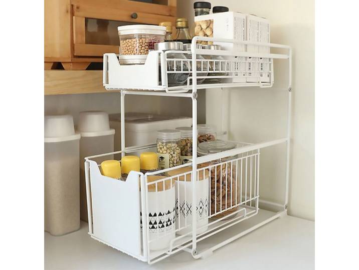 Lot De 2 Étagère Coulissante Réglable À Double Niveau-Étagère À Épices-Égouttez Rapidement L'eau-OHMG-37.4*26.5*44cm-Blanc