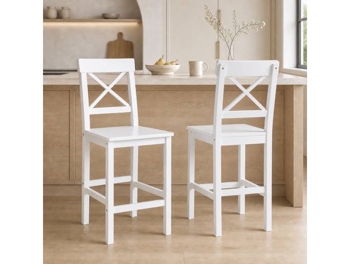 HOMCOM 2 Chaises Bar Bois 60cm Campagne Chic Blanc
