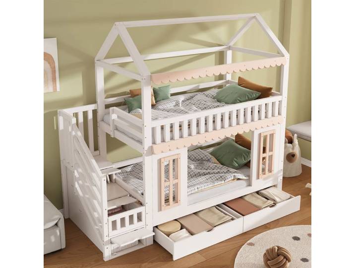 Norevia Lit Cabane Superposé Enfant 90x200 cm avec Tiroirs Escalier et Échelle – Lit Bois Blanc Nature