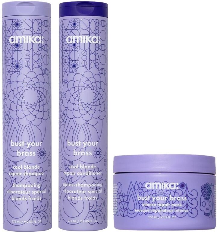 amika Bust Your Brass Shampoo 275ml, Conditioner 250ml and Mask 250ml