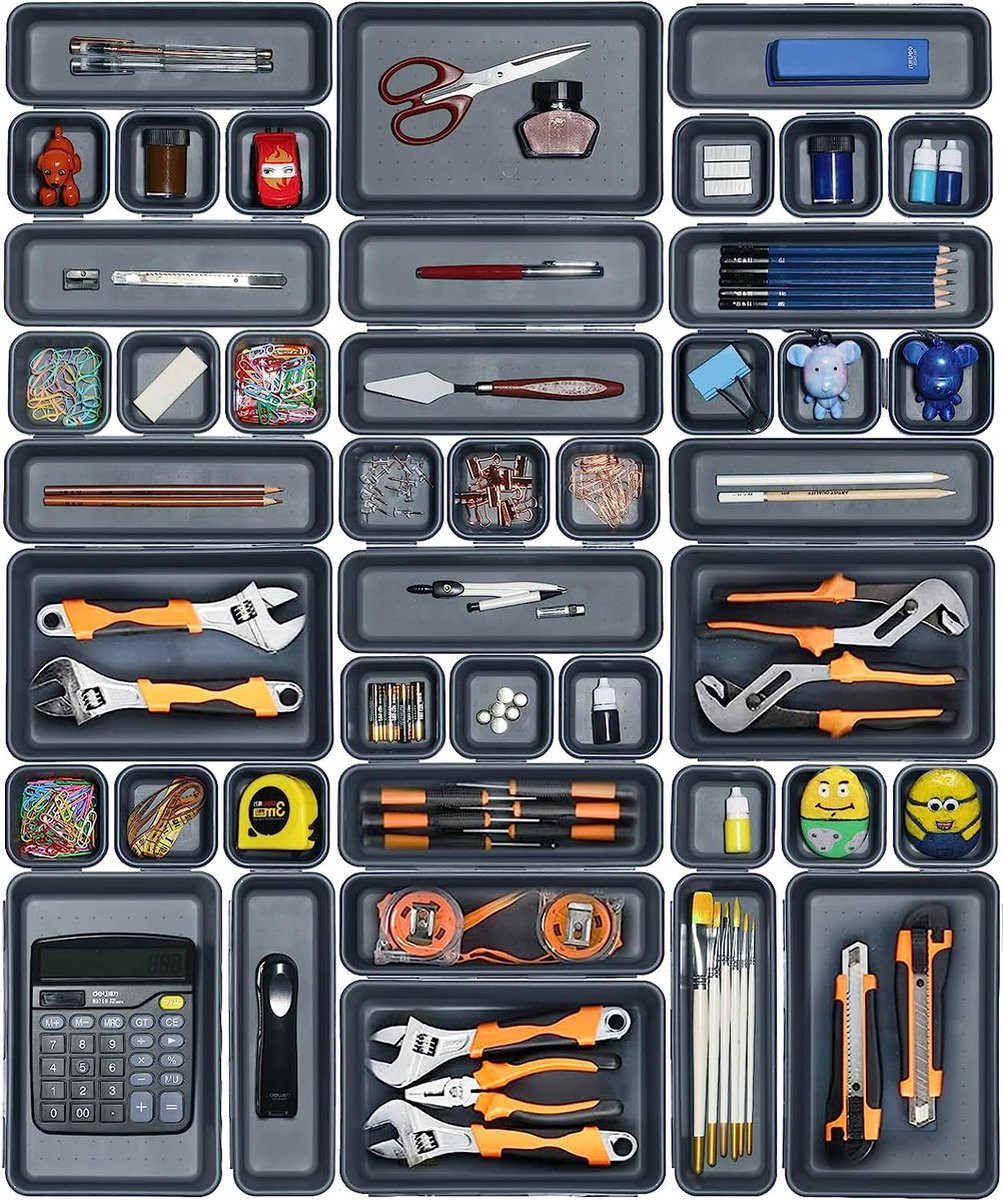 Set van 42 grijze bureaulade organizers van plastic voor professionele opslag en organisatie